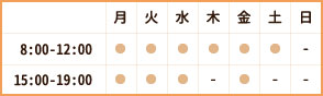 8:00-12:00 / 15:00-19:00　木・土の午後、日祝